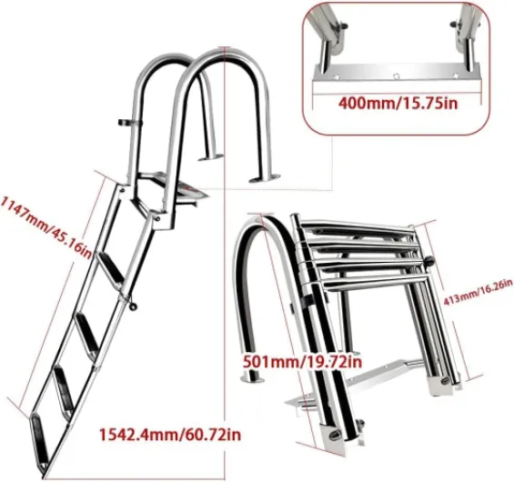Stainless Steel 4 Step Folding Marine Ladder Heavy Duty Telescoping Ladder for Boat Yacht Dock
