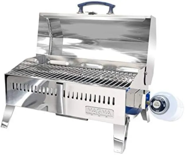 Magma Cabo Grill - Marine-Grade Stainless Steel Barbecue Grill for Boats - Portable Propane Gas with 9”x18” Grilling Surface - Heat-Resistant Handle, Fold-Away Legs - Ideal Boat Accessory