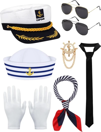 9Pcs Yacht Captain Hat Costume Accessories Set Sailor Ship Cap Scarf Sunglasses Tie Gloves Sailor Hat Boat Costume Navy Costume For Men Women Captains Dressing Up Party