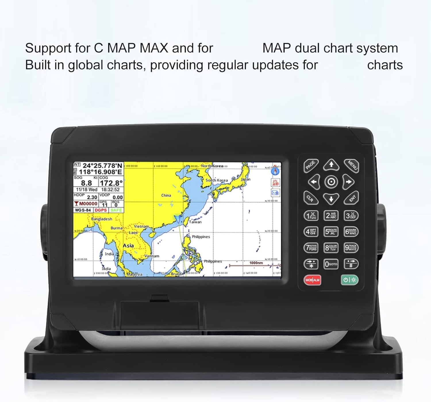 Marine Chart Plotter Boat GPS Navigator GPS Chart Plotter Satellite Navigator with GNSS Antenna Dual Map System IPX6 Waterproof for Marine Boat Navigation