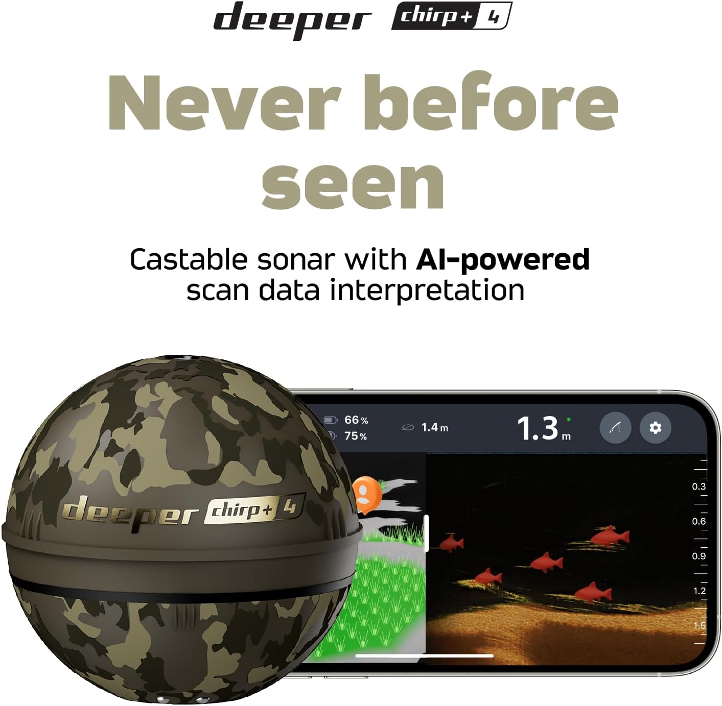 CHIRP+ 4 AI-powered Castable Fish Finder with GPS – Portable Sonar for Boat, Ice & Shore Fishing, 2D/3D Mapping via App