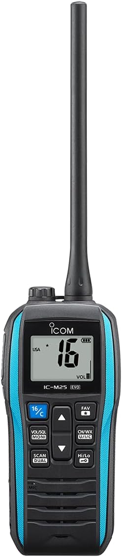 Icom M25EVO Blue Marine VHF Radio - Floating - Waterproof - USB Charging - Lightweight - Long Battery Life - Boating Essentials