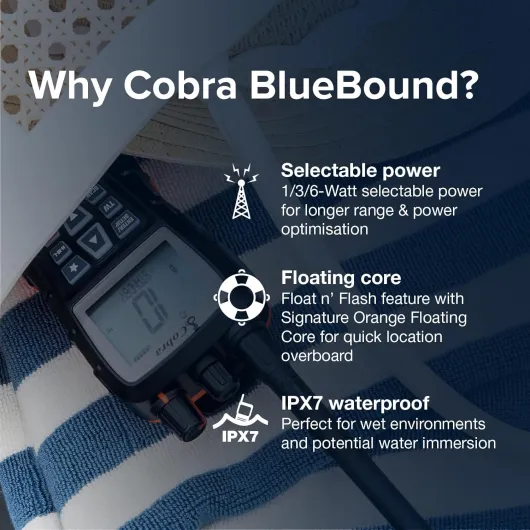 BlueBound 350 Handheld Floating VHF Marine Radio – 6 Watt, Float n' Flash, IPX7 Waterproof, Submersible, Day/Night LCD Display, Memory Scan, Tri-Watch, Black