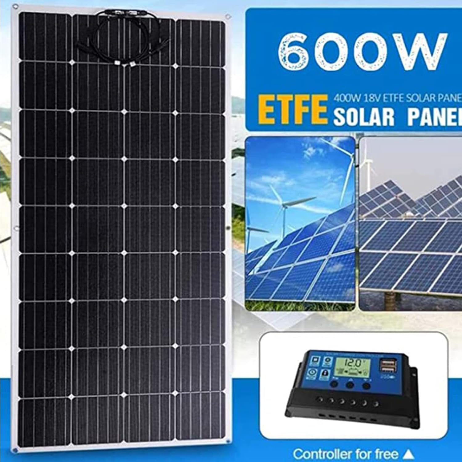 Solar Panel Kit 300W/600W 18V Solar Power System + 40A Charger Controller Flexible Monocrystalline Solar Panel Off-Grid System for Motorhomes,Boats,Trailer,Camper,Marine,600W