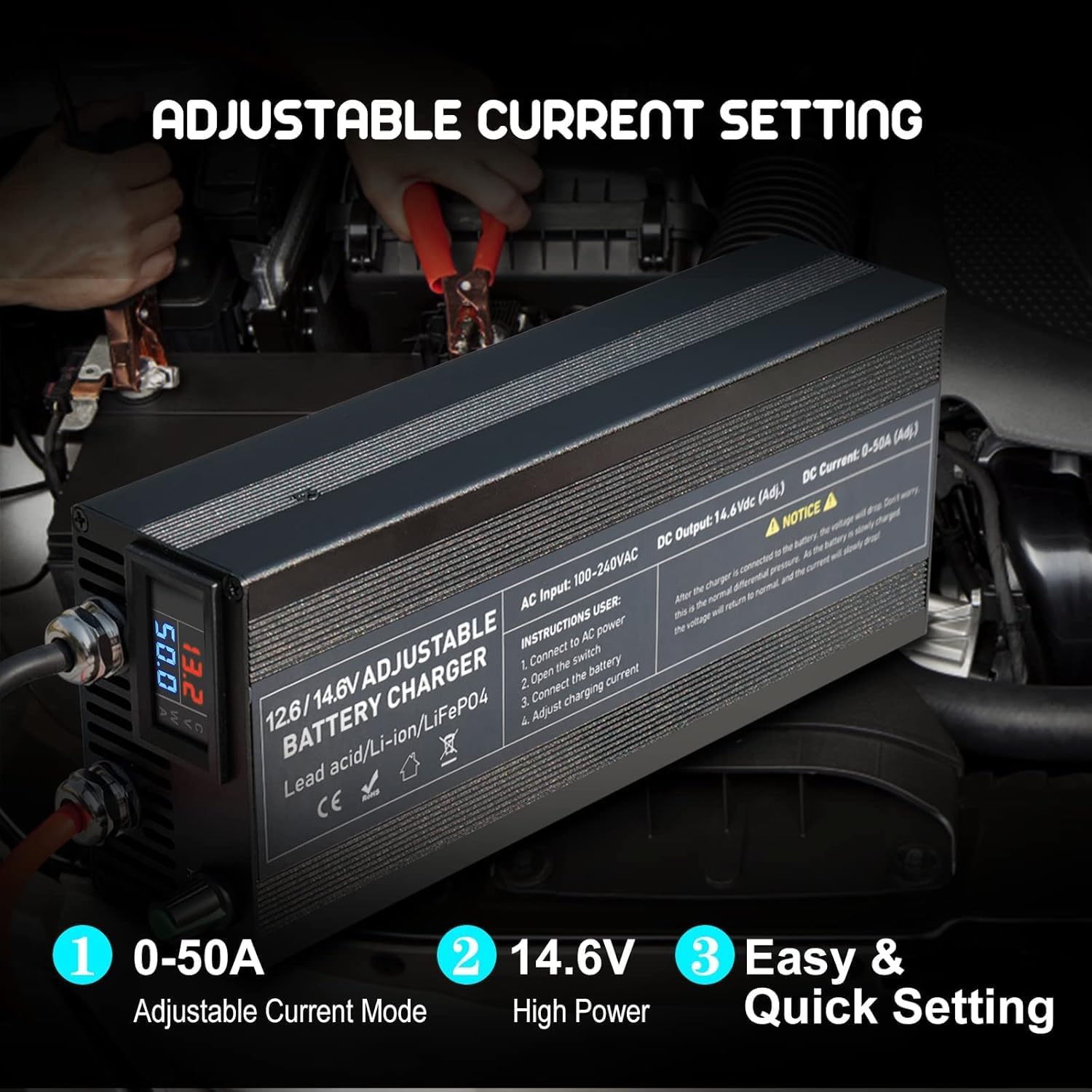 14.6V 50A LiFePO4 Battery Charger - 0-50A Stepless Adjustable Fast Charger for 12V Car, Truck, Motorcycle, Lawn Mower, Boat & Marine Lithium Batteries