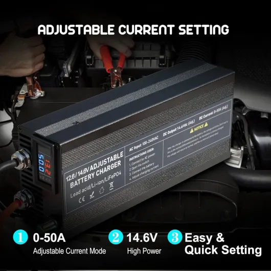 14.6V 50A LiFePO4 Battery Charger - 0-50A Stepless Adjustable Fast Charger for 12V Car, Truck, Motorcycle, Lawn Mower, Boat & Marine Lithium Batteries