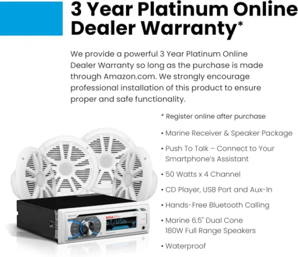MCK508WB.64S Marine Boat Stereo Speaker Package - Single Din Radio Receiver Head Unit, CD Player, Bluetooth, Four 6.5 Inch Full Range Speakers, Dipole Antenna