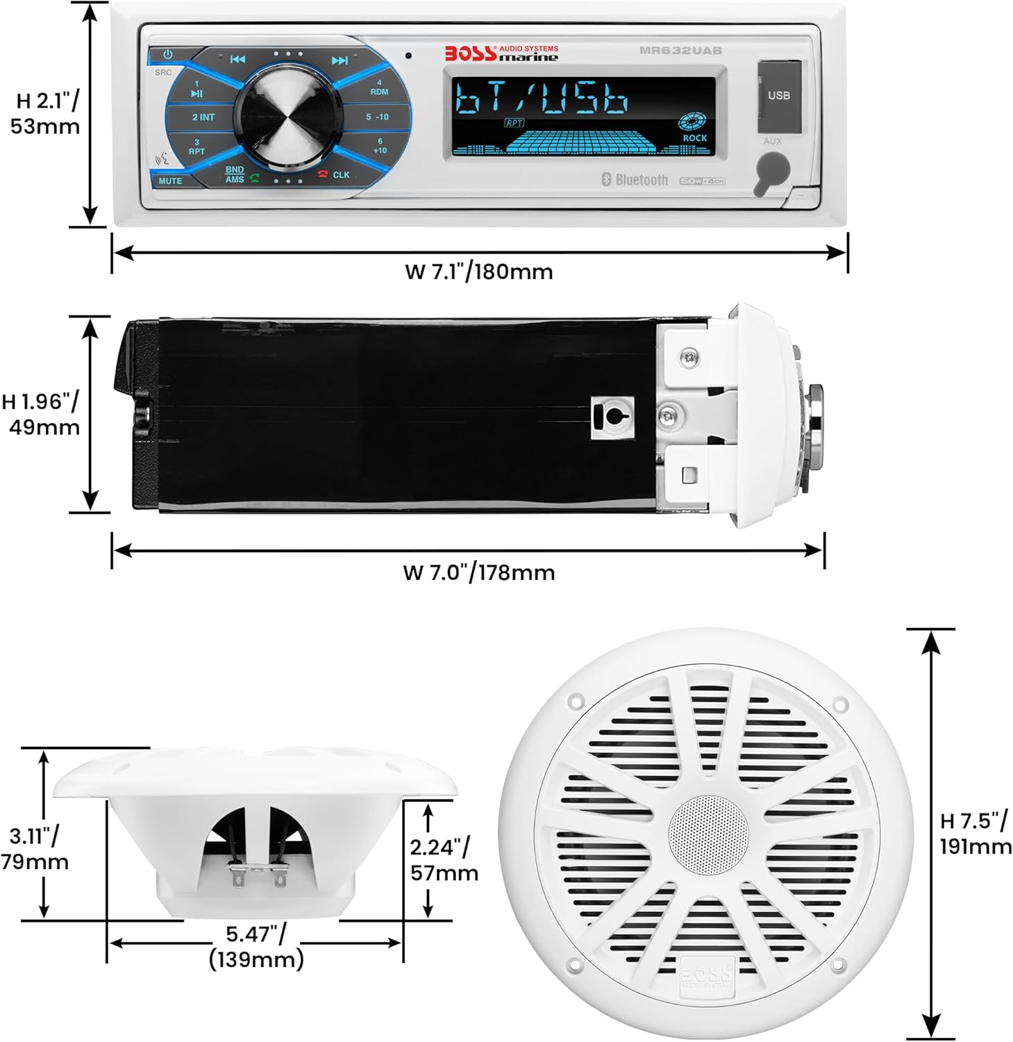MCK632WB.64 Marine Boat Stereo & 6.5 Inch Speakers Package - Single Din, Bluetooth, No CD DVD Player, AM/FFM Radio Receiver Head Unit, Wireless Remote Control, Dipole Antenna
