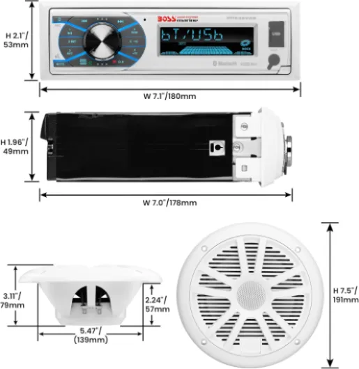 MCK632WB.64 Marine Boat Stereo & 6.5 Inch Speakers Package - Single Din, Bluetooth, No CD DVD Player, AM/FFM Radio Receiver Head Unit, Wireless Remote Control, Dipole Antenna