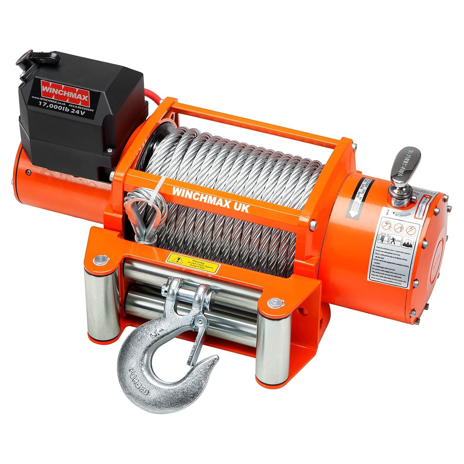 17,000lb (7,711kg) Original Orange 24v Electric Winch - 26m x 12mm Steel Rope - 1/2 Inch Hook.
