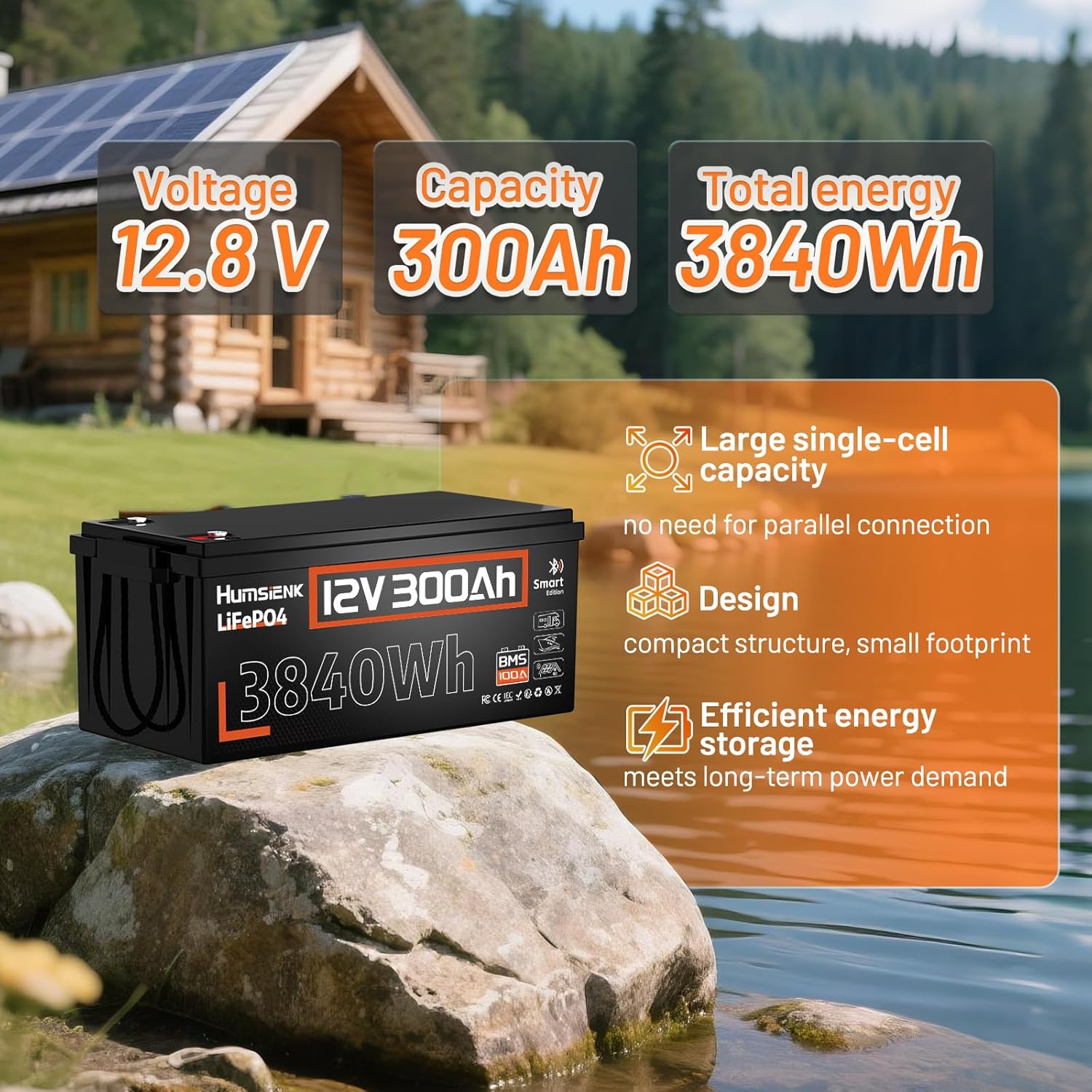12V 300Ah LiFePO4 Battery, 3840Wh Lithium Leisure Battery with Bluetooth, Built in 100A BMS & Low-Temp Protection, for Solar,Fish Finder,Lighting,Home Backup 12V 300AH Bluetooth