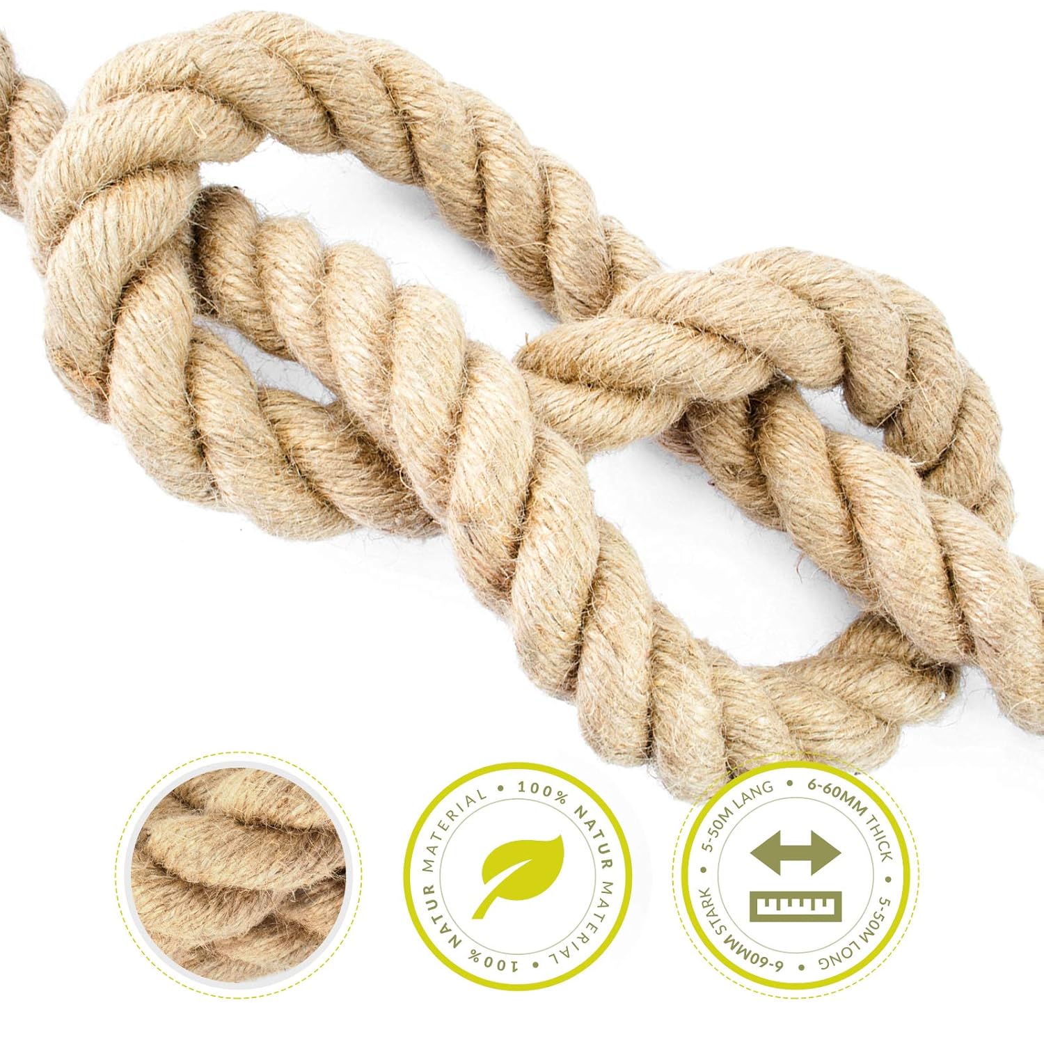 DQ-PP JUTE ROPE - 20m long - 26mm thick - 3-strand - Brown cord from 100% natural fibres - Sailing, transport and industry - DIY, decorations and craft - Home and garden 20 M 26mm