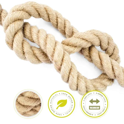 DQ-PP JUTE ROPE - 20m long - 26mm thick - 3-strand - Brown cord from 100% natural fibres - Sailing, transport and industry - DIY, decorations and craft - Home and garden 20 M 26mm