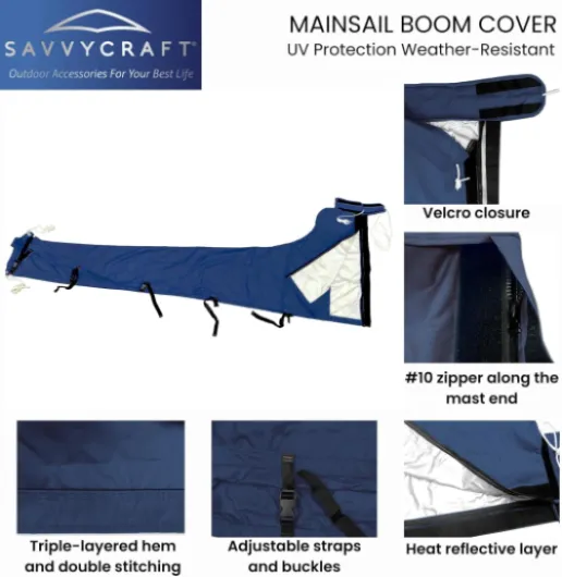 SavvyCraft Waterproof Mainsail Boom Cover, Heavy Duty 600D Sailboat Mainsail Cover UV Protection Weather-Resistant, Boom Length 9'-10' Navy Navy Boom Length 9'-10'