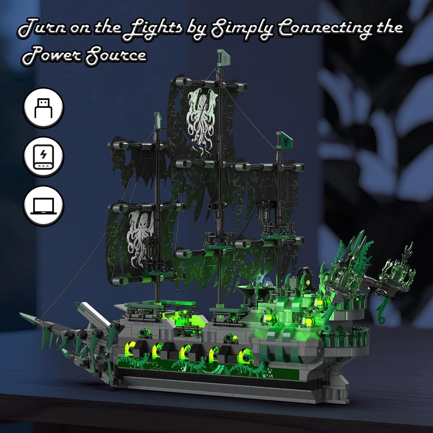 Ghost Pirate Ship Building Block Toy with Lights, 40001 Flying Dutchman Brick Model to Build for Adults Men, Sail Boats Construction Toy Collection Decor Gifts for Childs 14+ (1100Pcs)