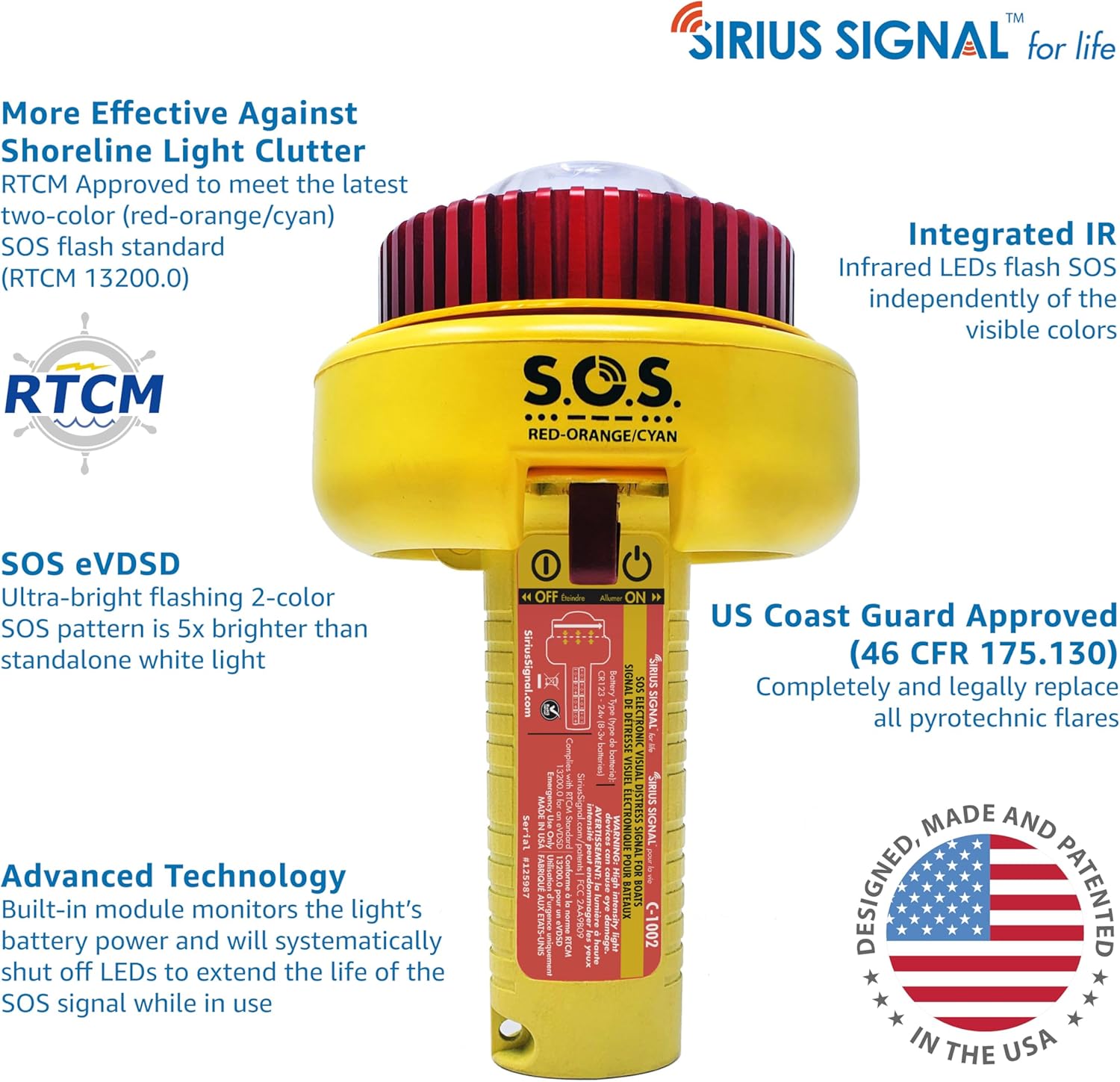 Sirius Signal C-1002 SOS LED Distress Signal - Two-Color & Infrared, USCG Approved, Includes Display Mount, Daytime Flag & Whistle Bluetooth Two-color Sos Signal