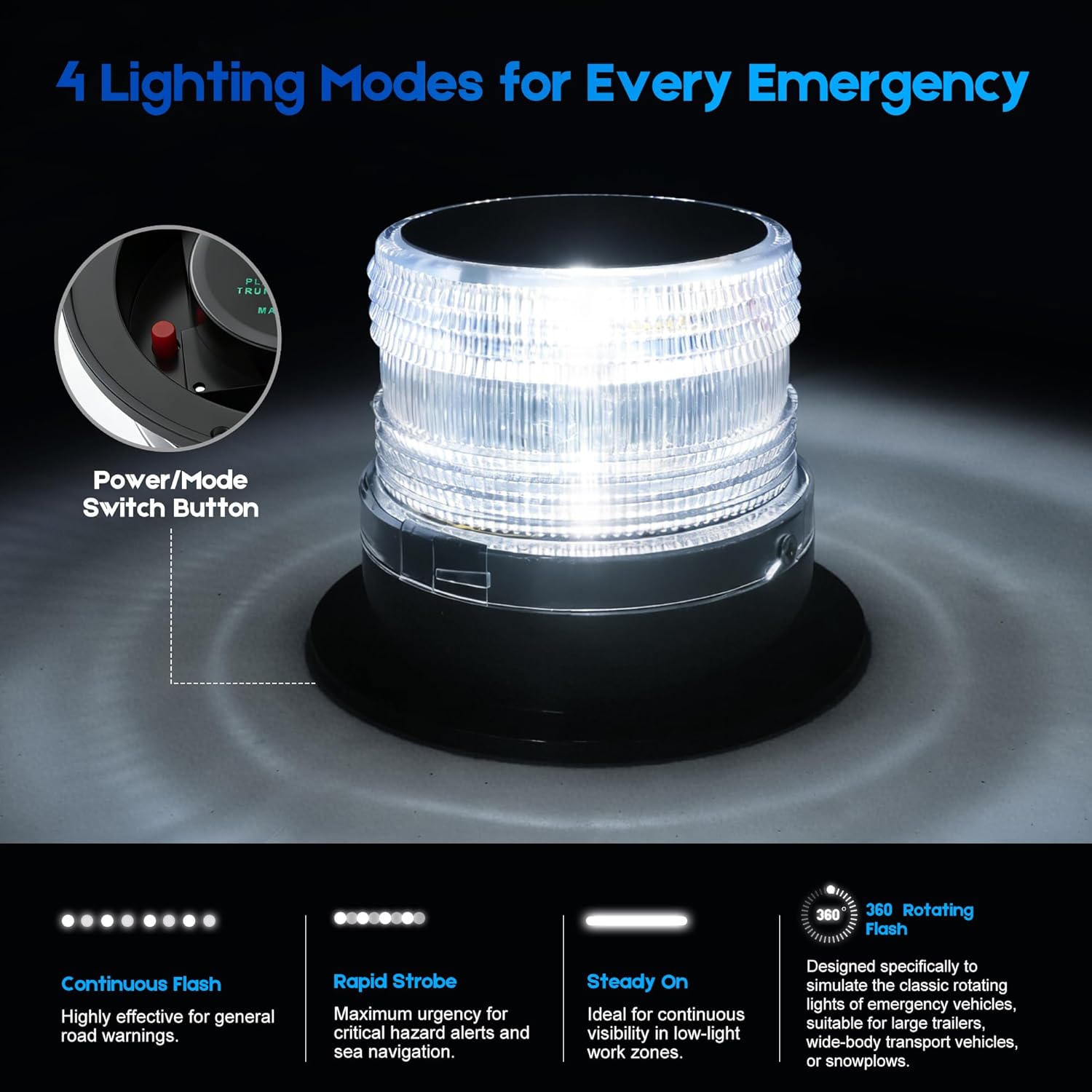 Solar LED Boat Anchor Light, Magnetic Base 360° Navigation Light, IP65 Waterproof Marine Warning Lamp with 4 Modes (Flash, Strobe, Steady, Rotation), Auto On at Night for Yacht Kayak Pontoon White Solar panel 8cm