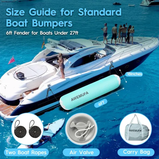 AWEMUFA 6ft/10ft Inflatable Boat Fender for Docking Heavy Duty, Large Boat Bumper for Docking, Inflatable Boat Dock Bumper Inflatable Fender for Pontoon Boat, Fishing Boat, Small Yacht(NO Pump) 72"H x 18"Dia - No Pump Mint Green+Gray