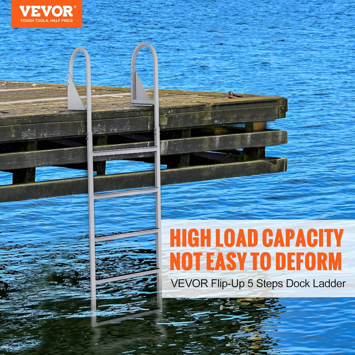 Dock Ladder, Flip-Up 5 Steps, 350 lbs Load Capacity, Aluminum Alloy Pontoon Boat Ladder with 2'' Wide Step & Nonslip Mat, Easy to Install for Ship/Lake/Pool/Marine Boarding