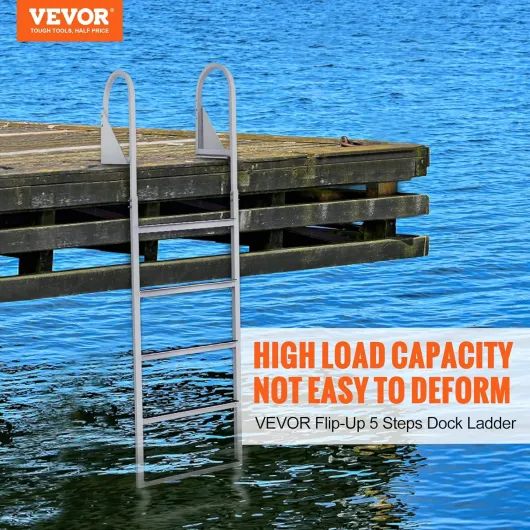 Dock Ladder, Flip-Up 5 Steps, 350 lbs Load Capacity, Aluminum Alloy Pontoon Boat Ladder with 2'' Wide Step & Nonslip Mat, Easy to Install for Ship/Lake/Pool/Marine Boarding