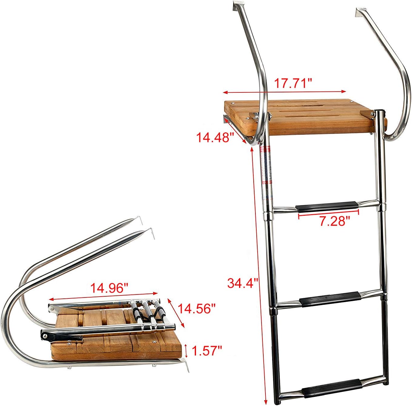 YaeMarine 3 Steps Inboard Teak Swim Platform Ladder Stainless Telescopic Boat Ladder Boat Boarding Ladders with 2 Rails