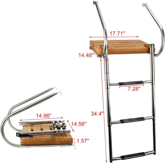 YaeMarine 3 Steps Inboard Teak Swim Platform Ladder Stainless Telescopic Boat Ladder Boat Boarding Ladders with 2 Rails