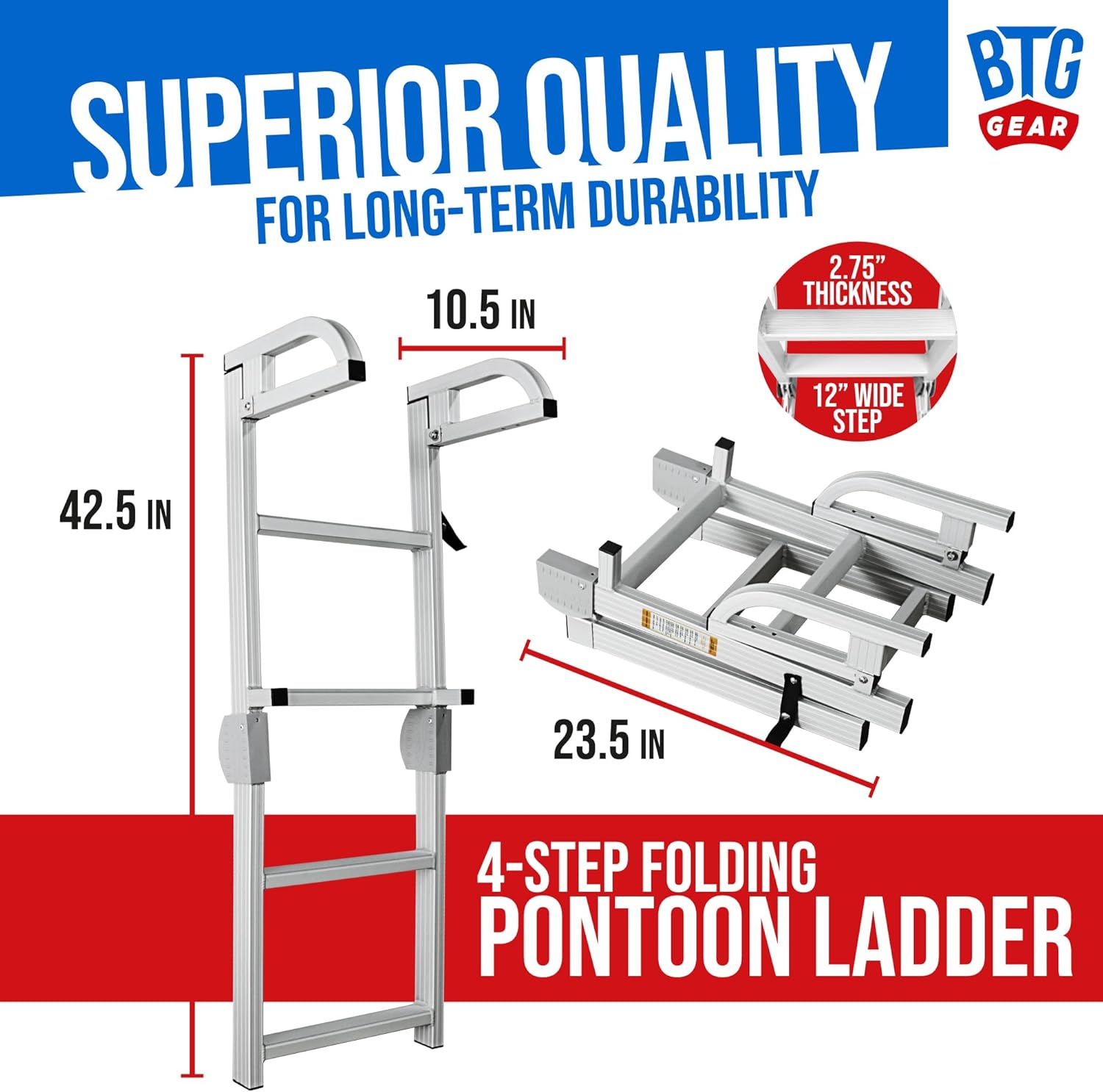 4-Step Marine Grade Aluminum Pontoon Boat Folding Ladder removable, w/Quick Release Clips for Boarding, extends up to 42"