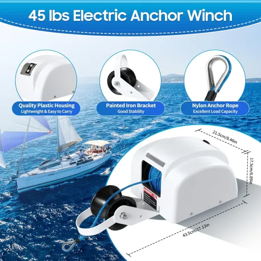 Electric Anchor Winch,12V 25LBS Boat Anchor Wench Marine Saltwater Anchor Windlass Kit with Wireless Remote Control,Heavy Duty Towing Winches for Fishing Boat Pontoon Boat, Motorboats (45LBS)