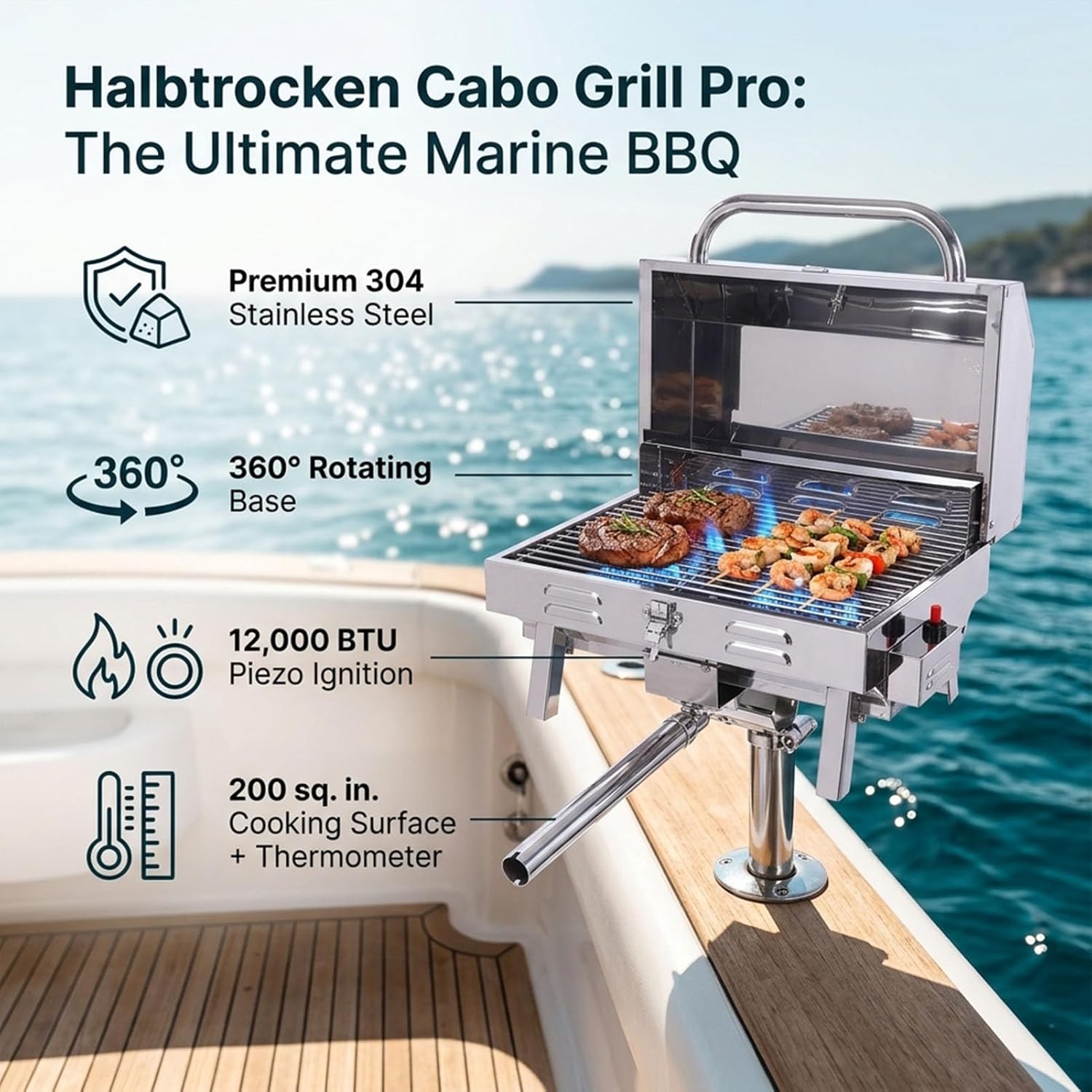 Boat BBQ Grill, 304 Stainless Steel Portable Marine Boat Grill with Rod Holder Mount and Folding Legs, Folding Campfire for Camping Yacht Backyard RV Trips