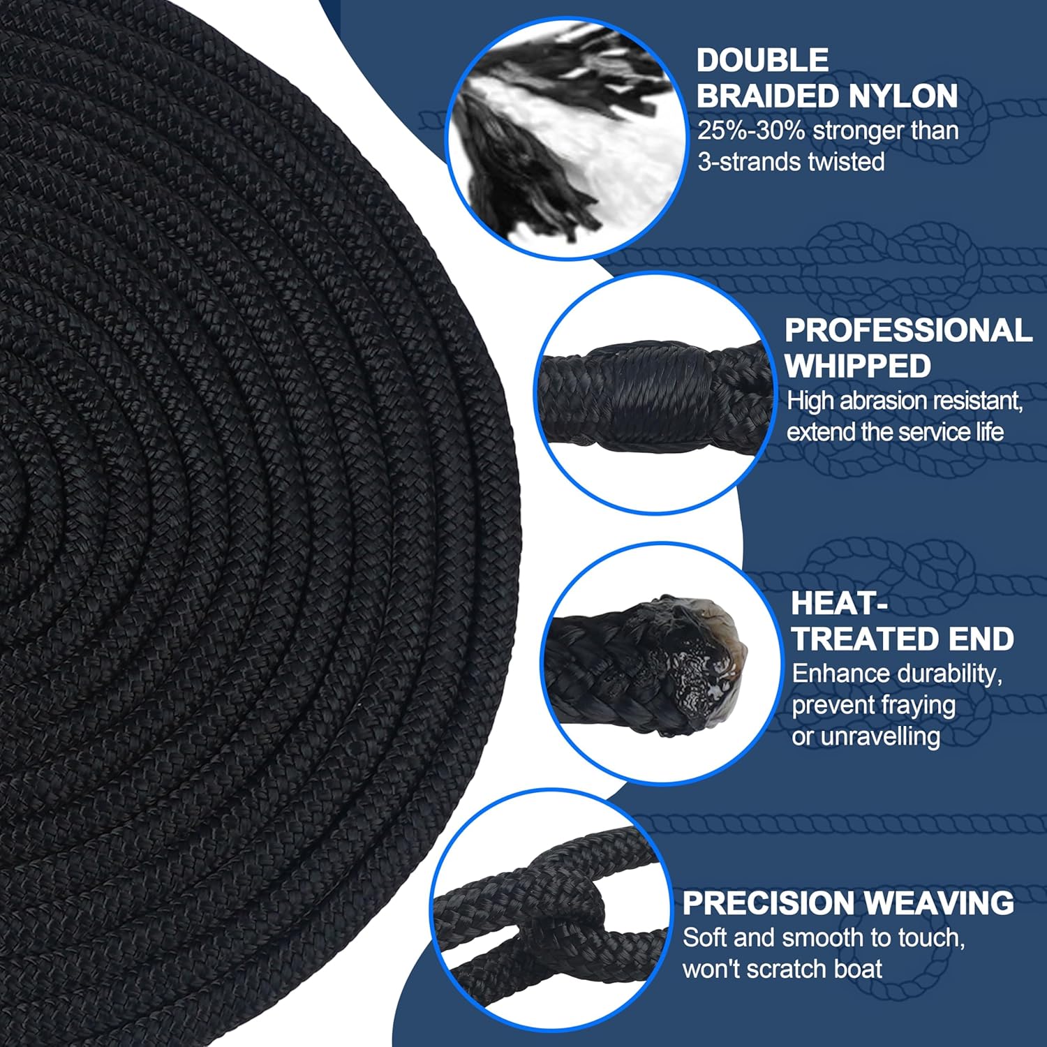 Nylon Boat Dock Lines Double Braided Mooring Marine Ropes for Docking,Outdoor Anchor Rope Multifunctional Cord Black 50FT Marine Ropes for Boating Fishing Climbing Kayak Rescuing(5/8IN-50FT)