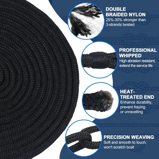 Nylon Boat Dock Lines Double Braided Mooring Marine Ropes for Docking,Outdoor Anchor Rope Multifunctional Cord Black 50FT Marine Ropes for Boating Fishing Climbing Kayak Rescuing(5/8IN-50FT)