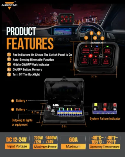 Auxbeam 6 Gang Switch Panel RA60 Toggle Momentary Pulsed RGB Dimmable Multifunction Panel Built-in Solid State Relay Marine Control Waterproof for Car Boat, 2 Years Warranty 6 Gang RGB RA60(Without APP)
