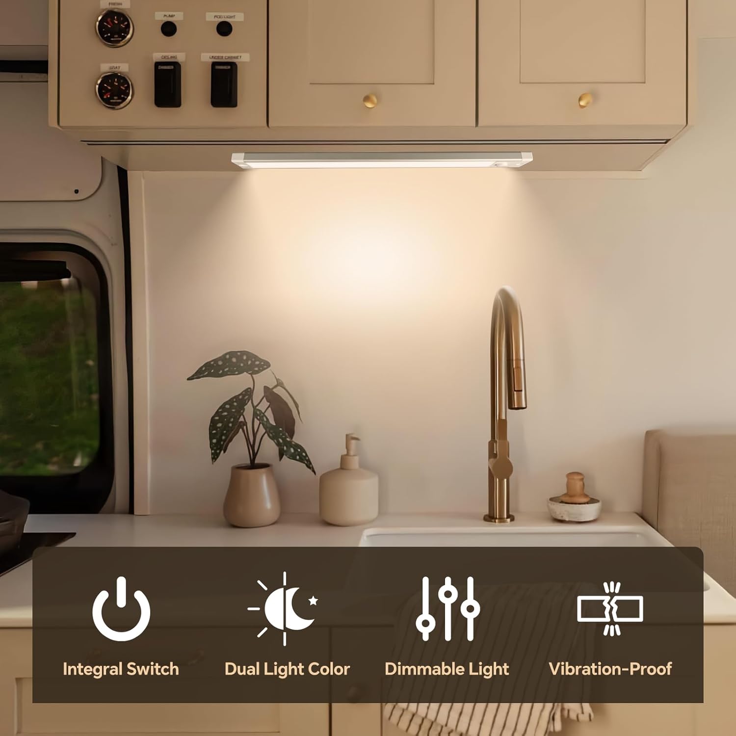 12V Under Cabinet LED Lighting 470lm Campervan Boat Ceiling, Integral Dimmer & Red Night Light, Hard-Wired Dimmable 4,5W 305mm (4000K)