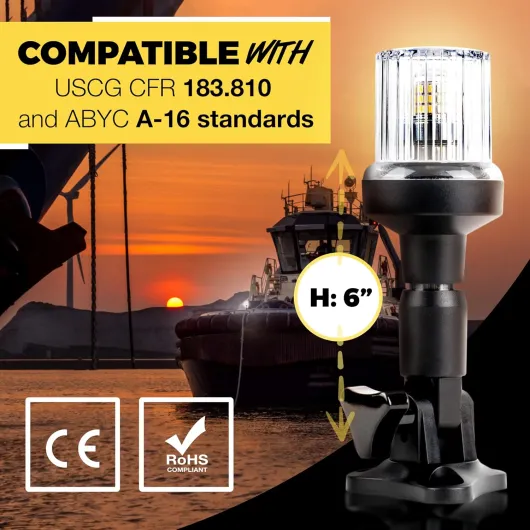 Adjustable Stainless Steel Anchor Light for Fishing Boats and Marine Vessels - Gives 360 Degree Visibility for 3 Nautical Miles - Weatherproof Fold Down 36pc LED inc - Fittings and Manual 6 Inch
