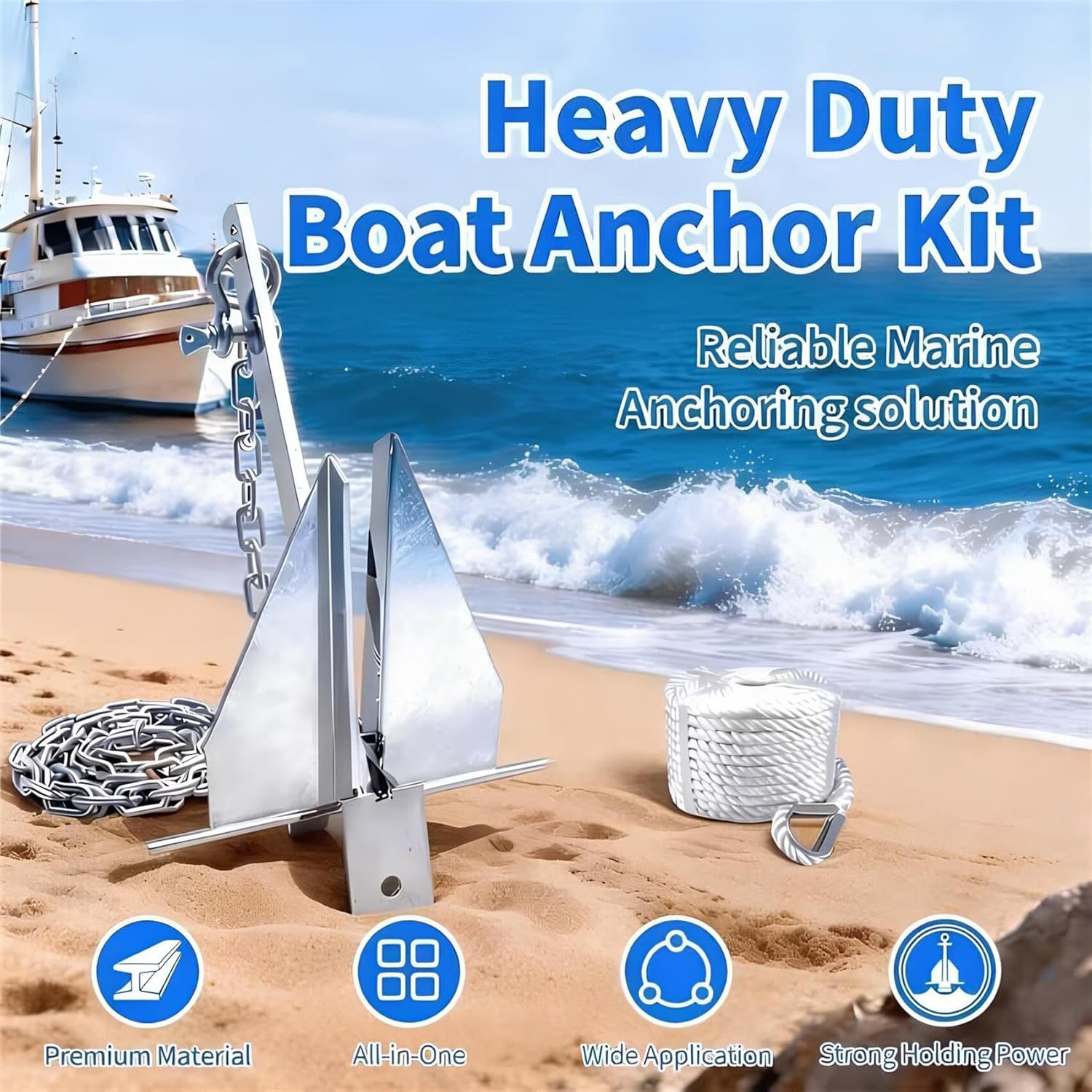 Boat Anchor Stainless Steel 3 LB/5 LB/8.5 LB/Galvanized Fluke Anchor Kit with Chain, Rope and Shackle, Boat Anchor Kit for 5-9/8–16/12–25/ ft Pontoon, Fishing and Bass Boats 8.5 lb (Fits 15-24 FT Boats)