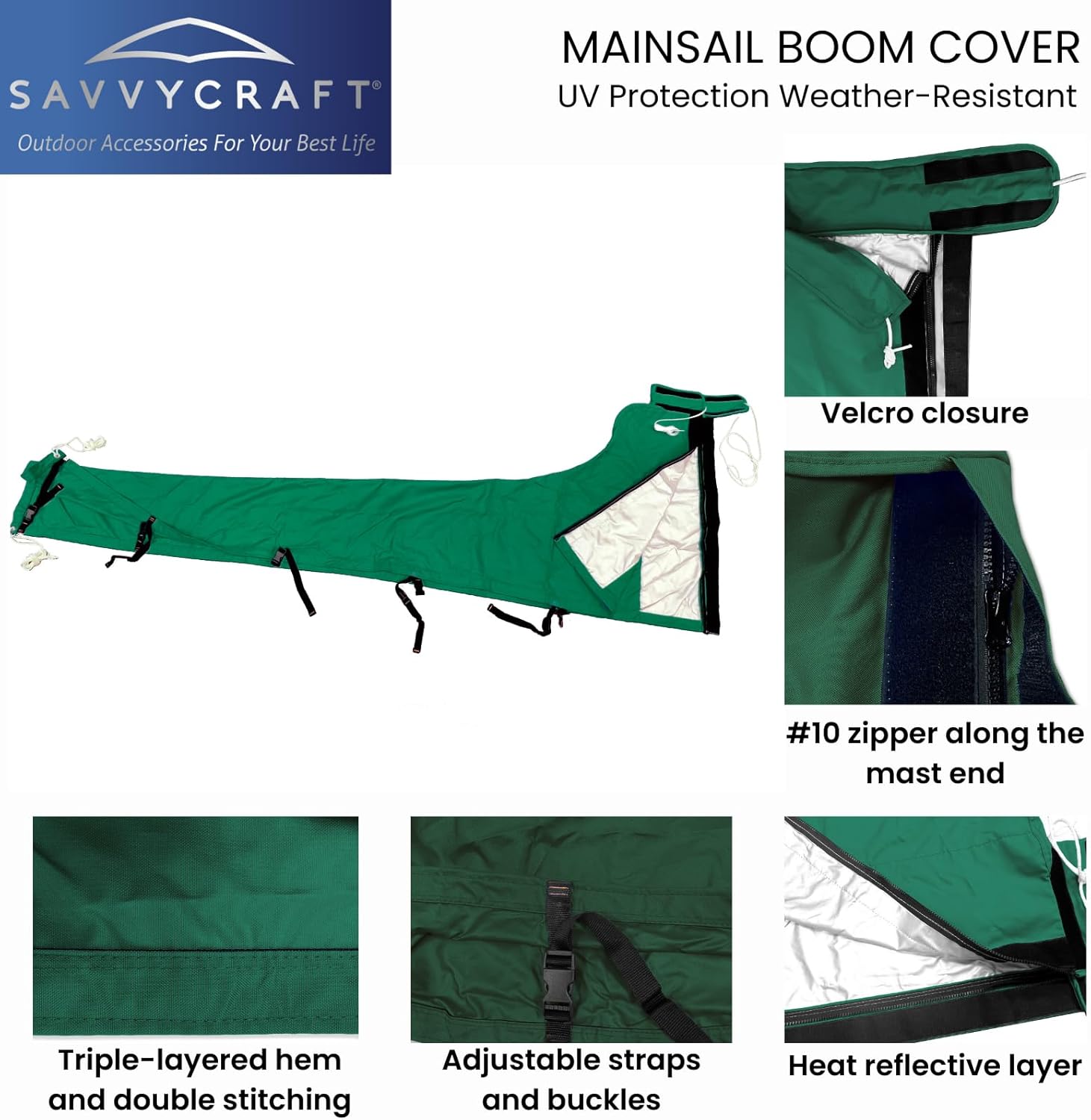 SavvyCraft Waterproof Mainsail Boom Cover, Heavy Duty 600D Sailboat Mainsail Cover UV Protection Weather-Resistant, Boom Length 11'-12' Green Green Boom Length 11'-12'