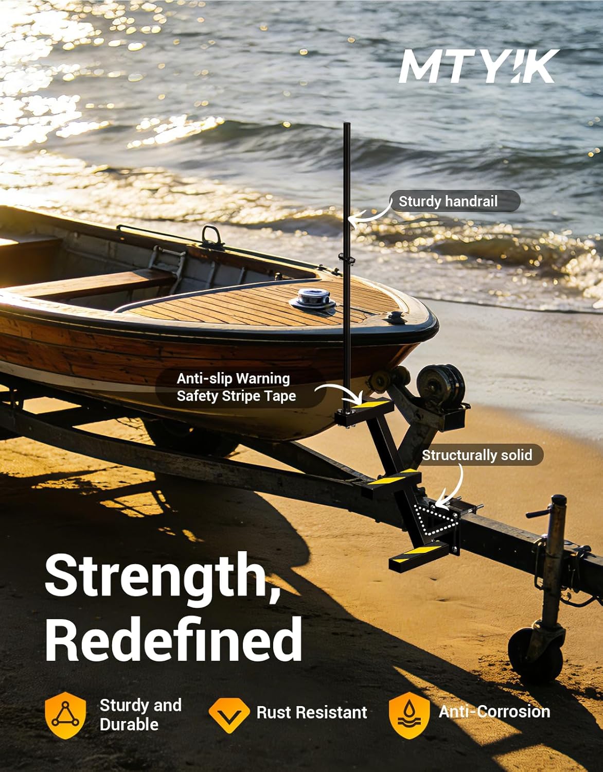 Boat Trailer Steps with Handrail Heavy-Duty Boat Boarding Step Ladder for The Tongue, Side Mount Non Slip 3 Steps