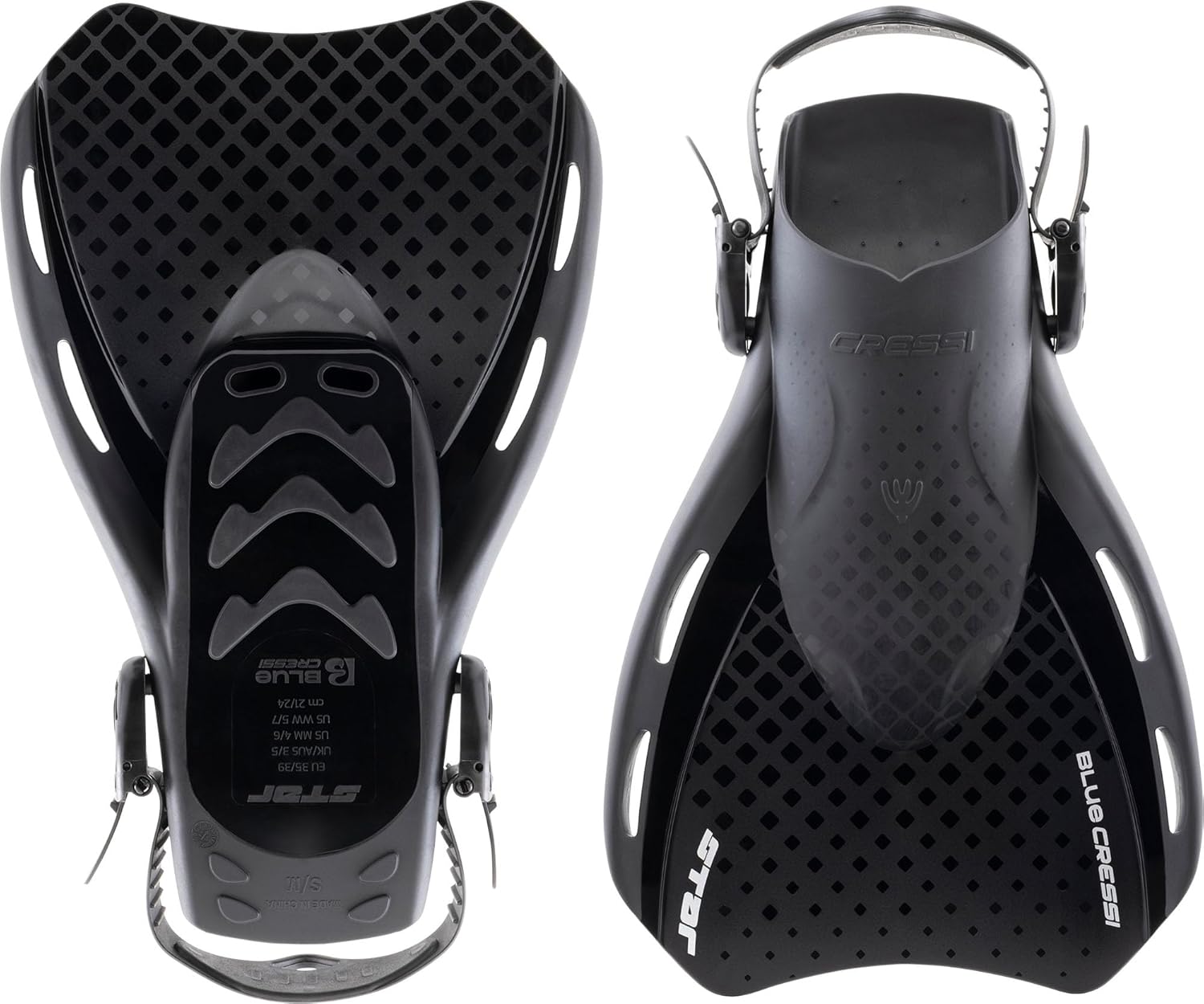 CRESSI since 1946 - Star Fins - Compact Adjustable Fin with a Powerful Vented Blade and a Comfortable Open Heel Foot Pocket L/XL UK 9-12 Black / Black