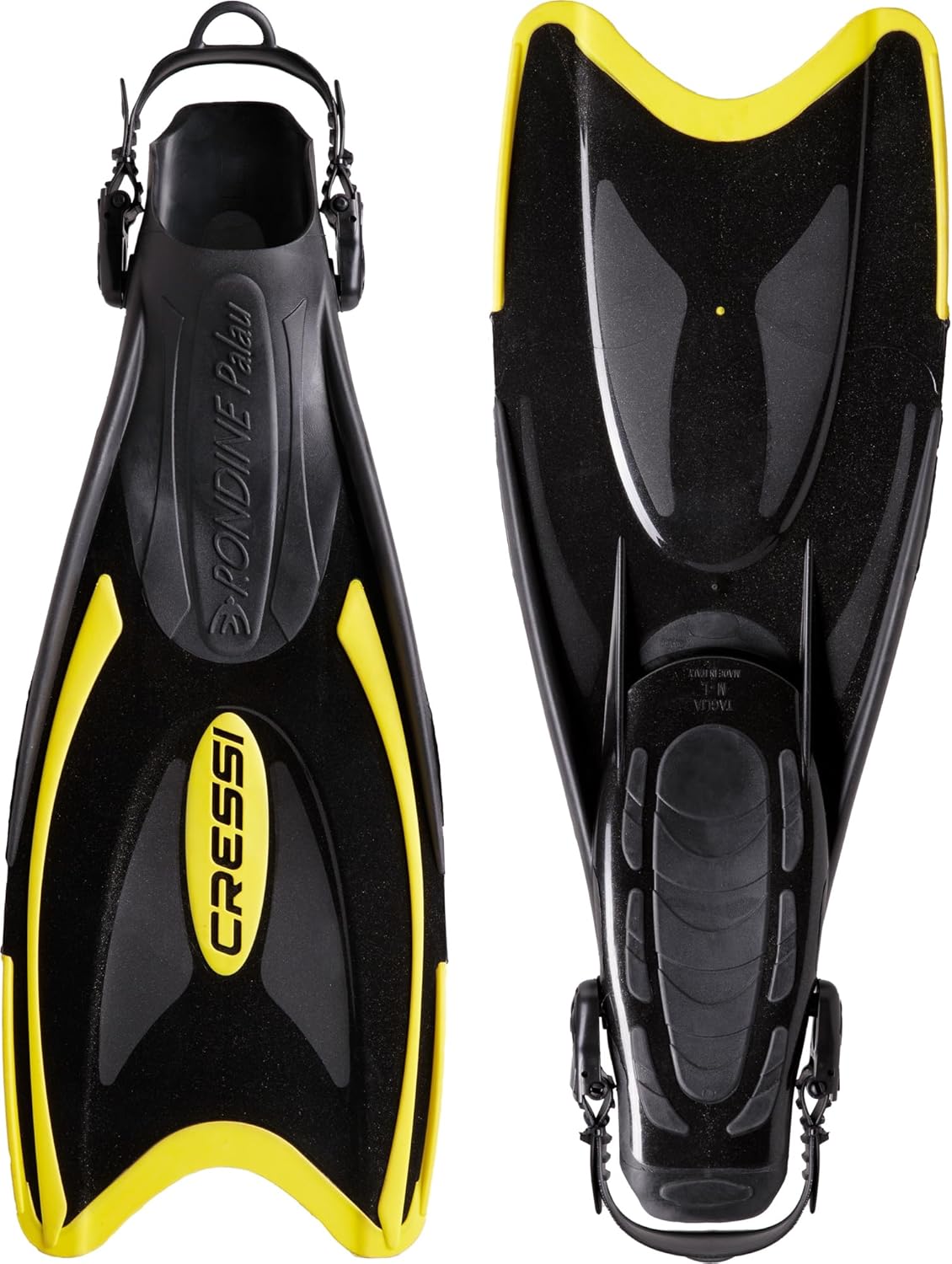 Cressi Palau Adjustable Fins - Short or Long, Adults & Children, Black, Rubber & Plastic, Ideal for Snorkelling & Swimming Black/Yellow Long Fins L/XL (44/47)