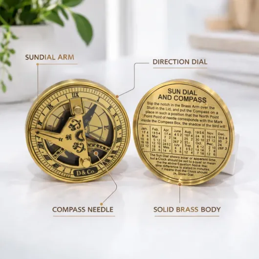 Sundial Compass for Him with Wooden Box – Brass Nautical Compass & Sundial Navigation Instrument, Romantic Gift for Husband, Boyfriend, Vintage Marine Compass