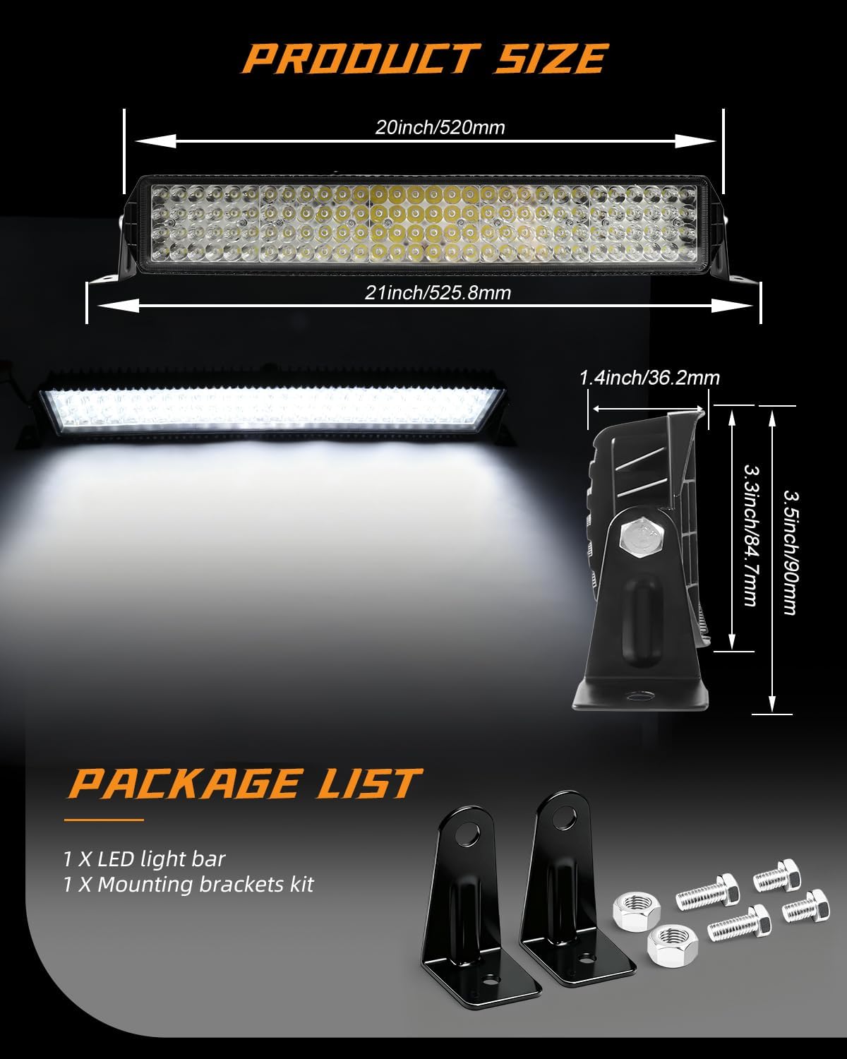 20 Inch LED Light Bar 6500K 8000LM 4 Rows IP68 Waterproof Spot Flood Combo Super Bright Work Lights Bar for Trucks SUV ATV UTV Boat Marine