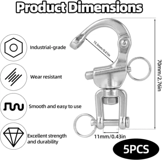 5pcs 316 Stainless Steel Swivel Jaw Snap Shackles, Heavy Duty Quick Release Spring Hook Clips, Marine-Grade Carabiner Sailboat Lift Rope Shackle for Sailing Rigging Climbing Towing Industrial Halyard