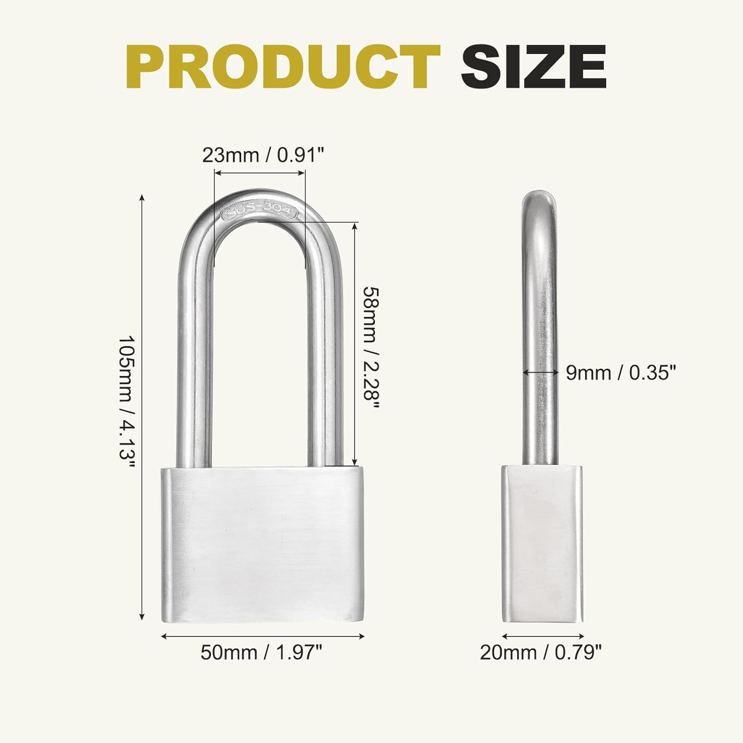 Stainless Steel Pin Tumbler Padlock with Keys (W: 50mm, H: 105mm)- Marine Grade Rustproof Padlock Long Shackle Lock Keyed Different for Workshop Warehouse Doors 50mm x 105mm 1
