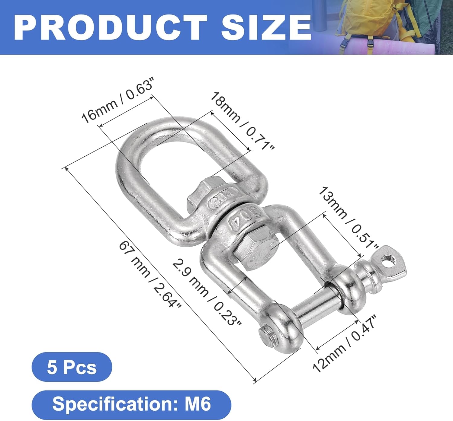 Double Ended Swivel Hook, (M6, 5Pcs), 304 Stainless Steel Eye to Jaw Swivel Shackle Ring Connector, Suit for Marine/Tree Swing/Hammock Chair/Gardens/Outdoor Activities M6 5