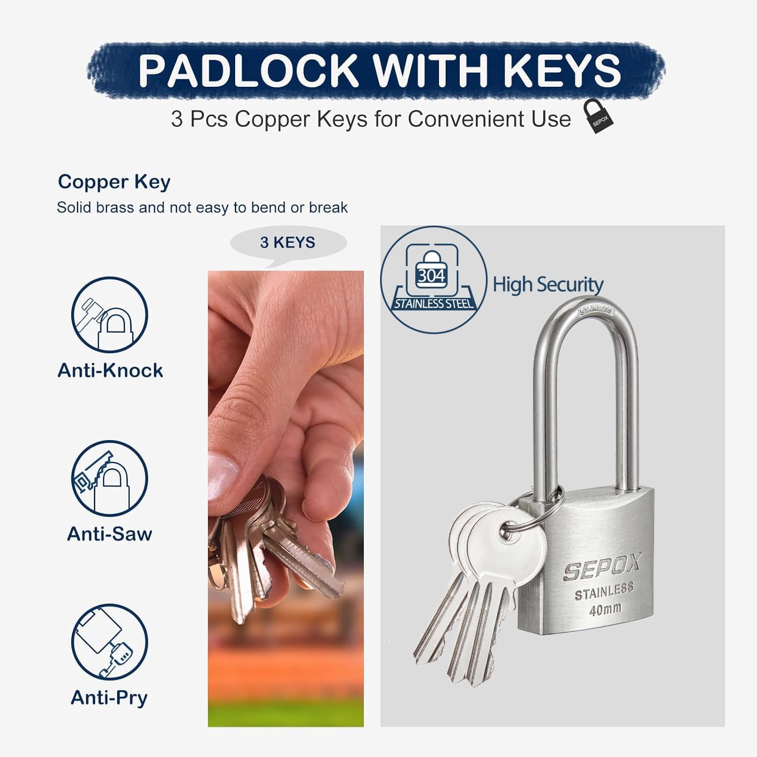® Outdoor Padlock with Key, SUS304 Stainless Steel Lock Body and Long Shackle Waterproof 40mm Keyed Heavy Duty Padlock and Key, Weatherproof for Gate, Chain, Shed, Boat, Marine - 1x40mm Long