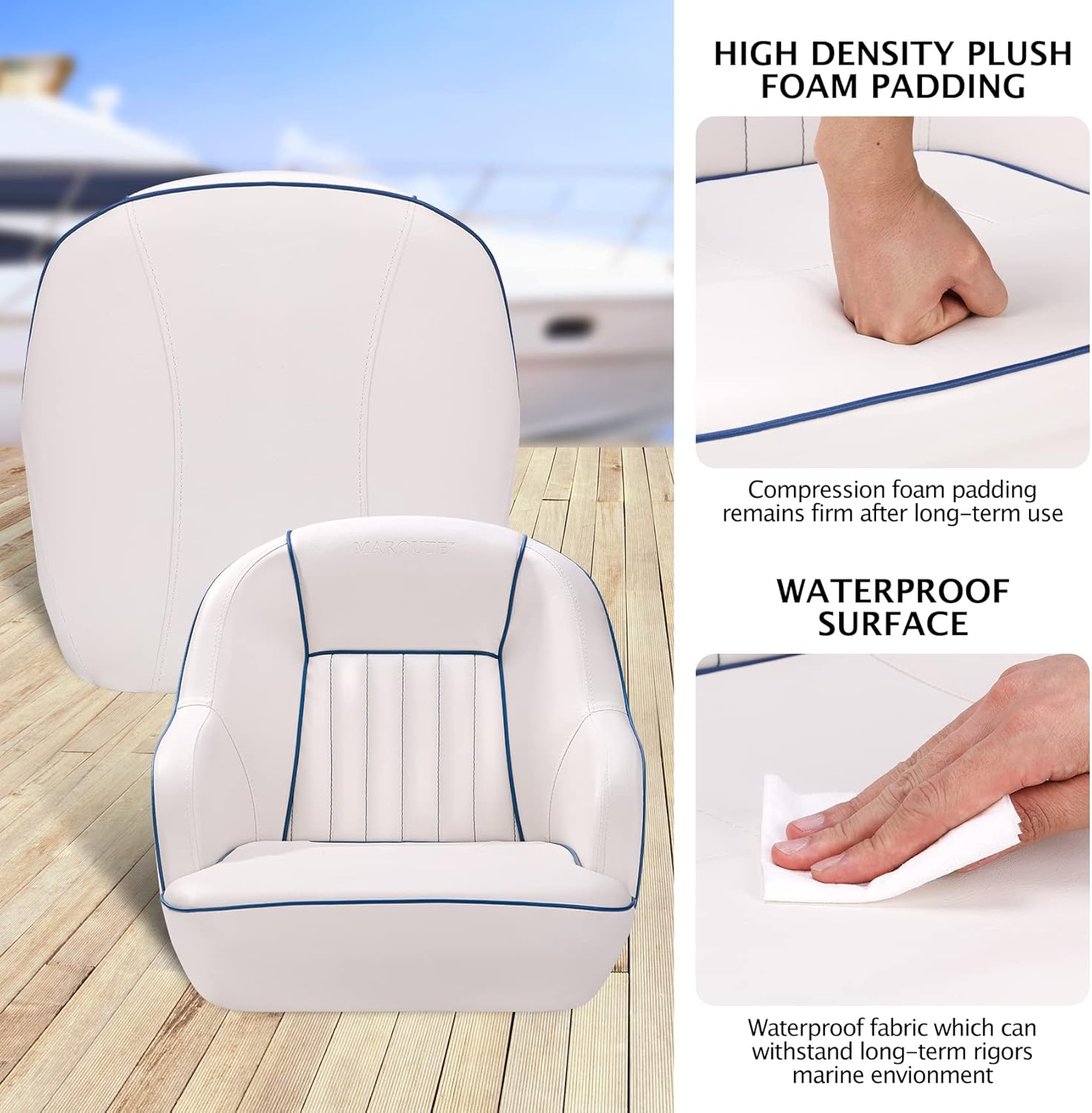 Marine Grade Captains Boat Seat, Ergonomic Bucket Helm Chair with Thickened High-Density Foam, 42cm Wide UV-Resistant Vinyl Seat for Bass Boats, Fishing Boat, Speedboat, Pontoon & Yacht - Blue White+Blue