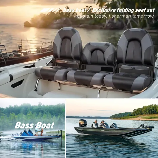 Premium Marine 52" Bass Boat Seat 3 PCS bass boat bench seat Folding Fishing Boat Seat,Stainless Steel Screws Included, Charcoal/Black