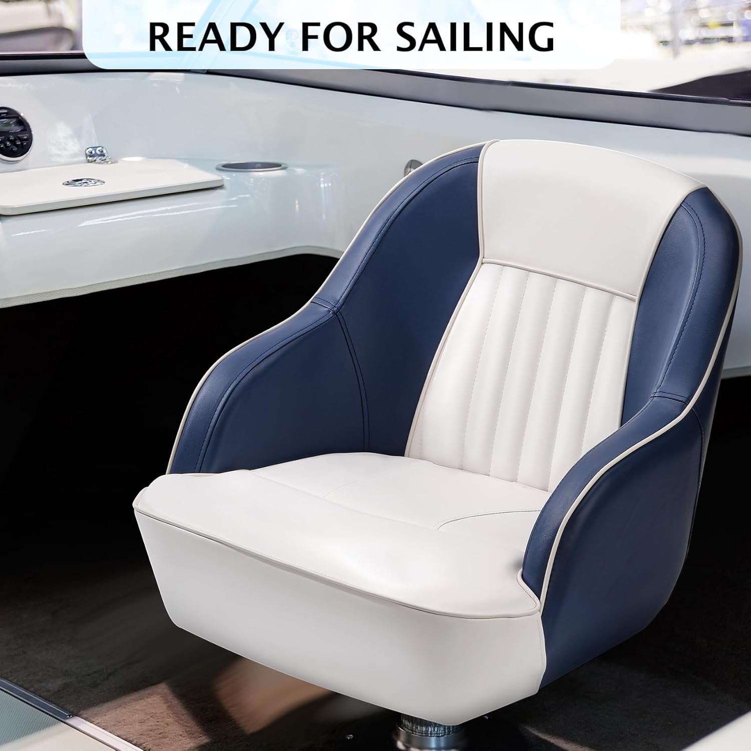 High Back Ergonomic Captain Bucket Boat Seat – UV-Resistant Marine Vinyl, High-Density Foam, Armrests, Waterproof, Easy Install for Pontoon, Fishing, and Sightseeing Boats Blue+White