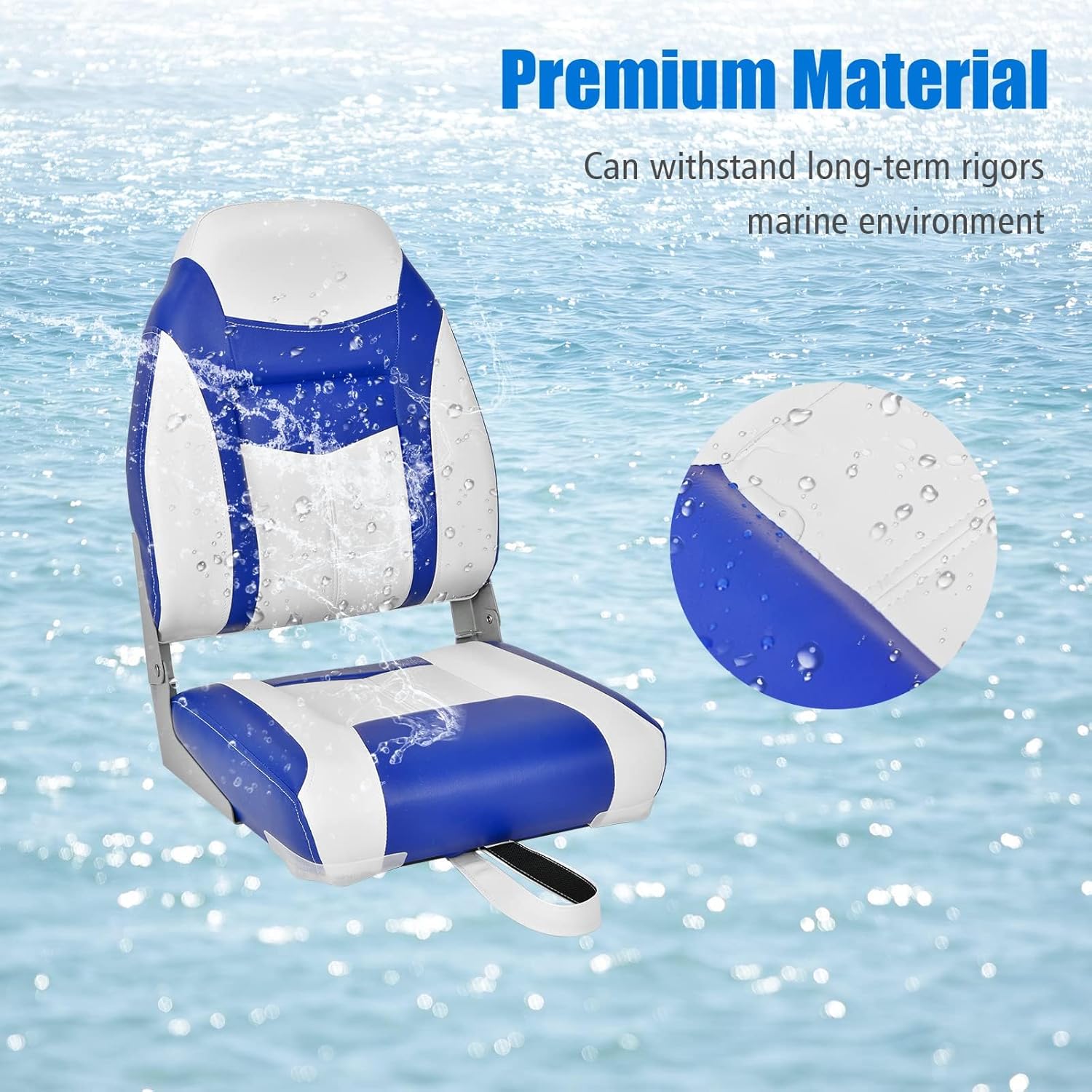 Boat Seat, Folding Fishing Boat Chair with Long Fixation Strap, Marine Captain Seat for Fishing & Sailing (High Back, 10cm Thich Cushion, Blue, 2Pcs)
