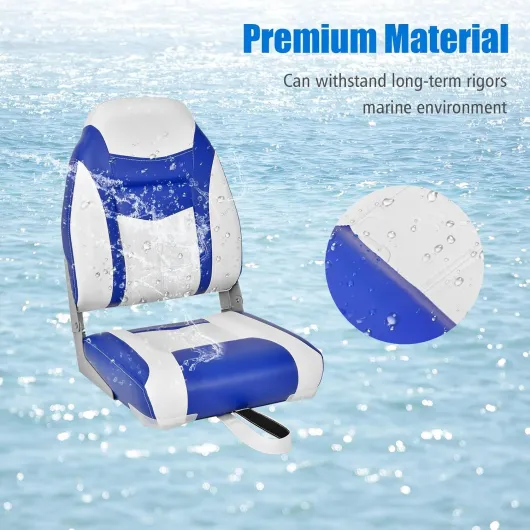 Boat Seat, Folding Fishing Boat Chair with Long Fixation Strap, Marine Captain Seat for Fishing & Sailing (High Back, 10cm Thich Cushion, Blue, 2Pcs)